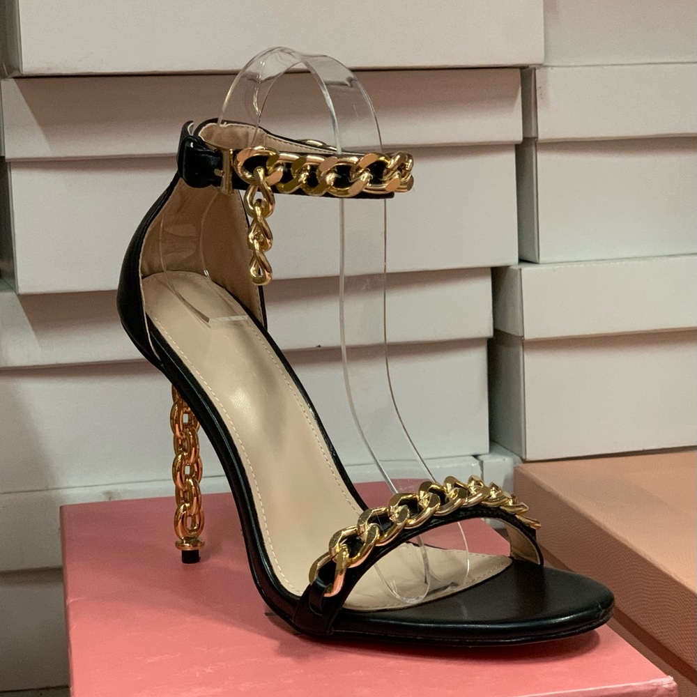 Women’s Ankle Strap Gold Chain Detail High Heel Sandal in Black Faux Leather - Picture 6 of 16